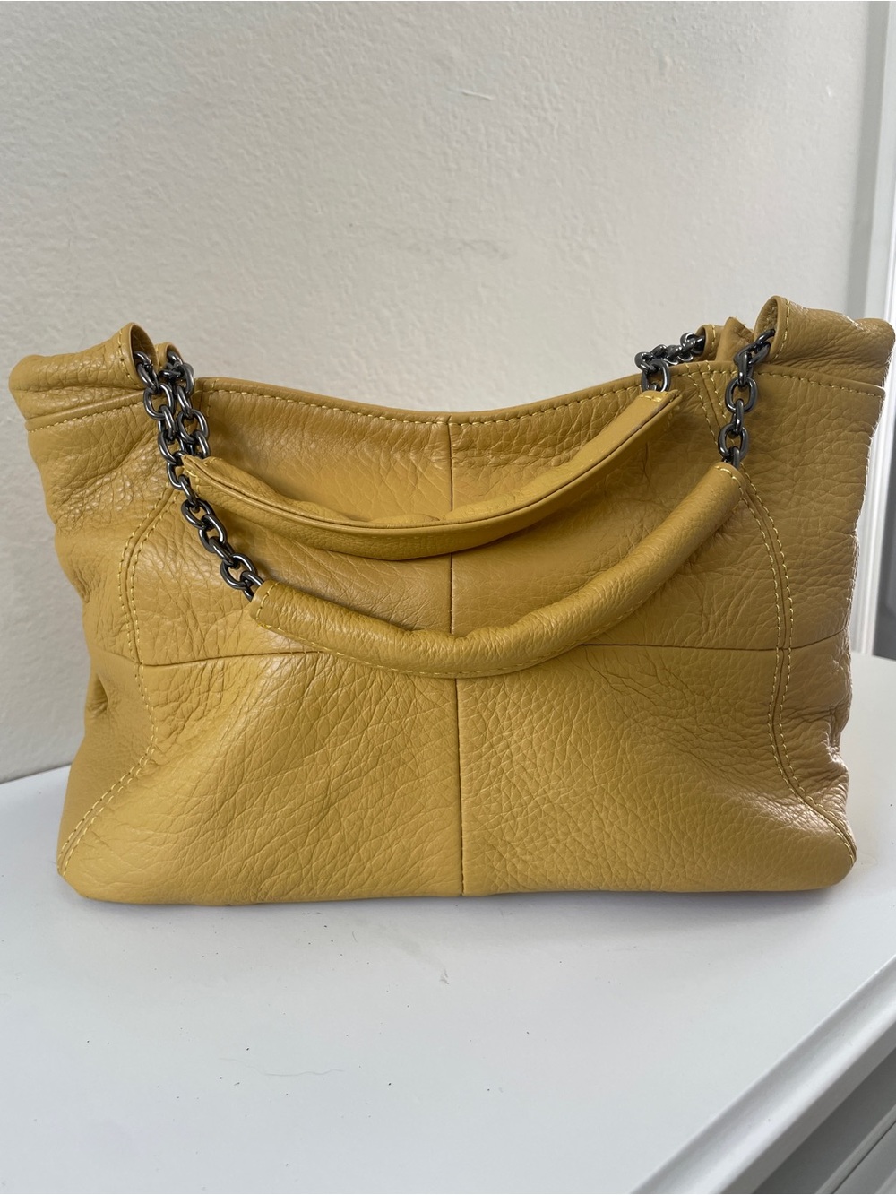 Mustard Yellow Pebbled Leather Bag with Chain Handles